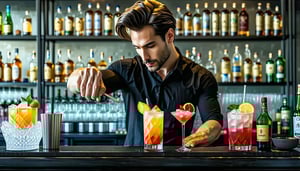 a man making raft cocktails behind a modern bar with a background of many bottled ingredients the man is sniffing a recently mixed drink to ensure it is exactly right