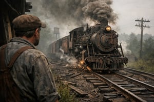 engineer watching a creaky old train go down the tracks and about to break down