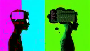 leftright split screen on the left is a persons head with a thought bubble on the right is an image of computer code on a screen
