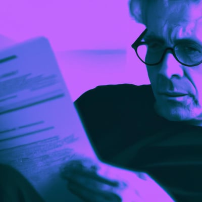 middle aged man with glasses intently reading a literary magazine