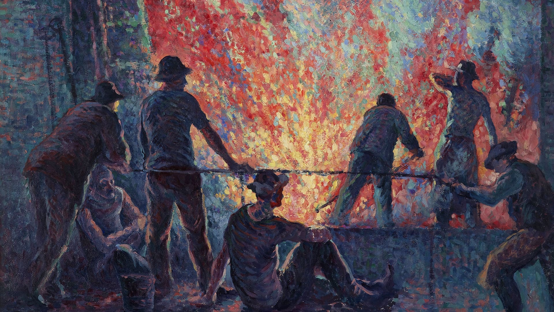 people hiding from a big fire