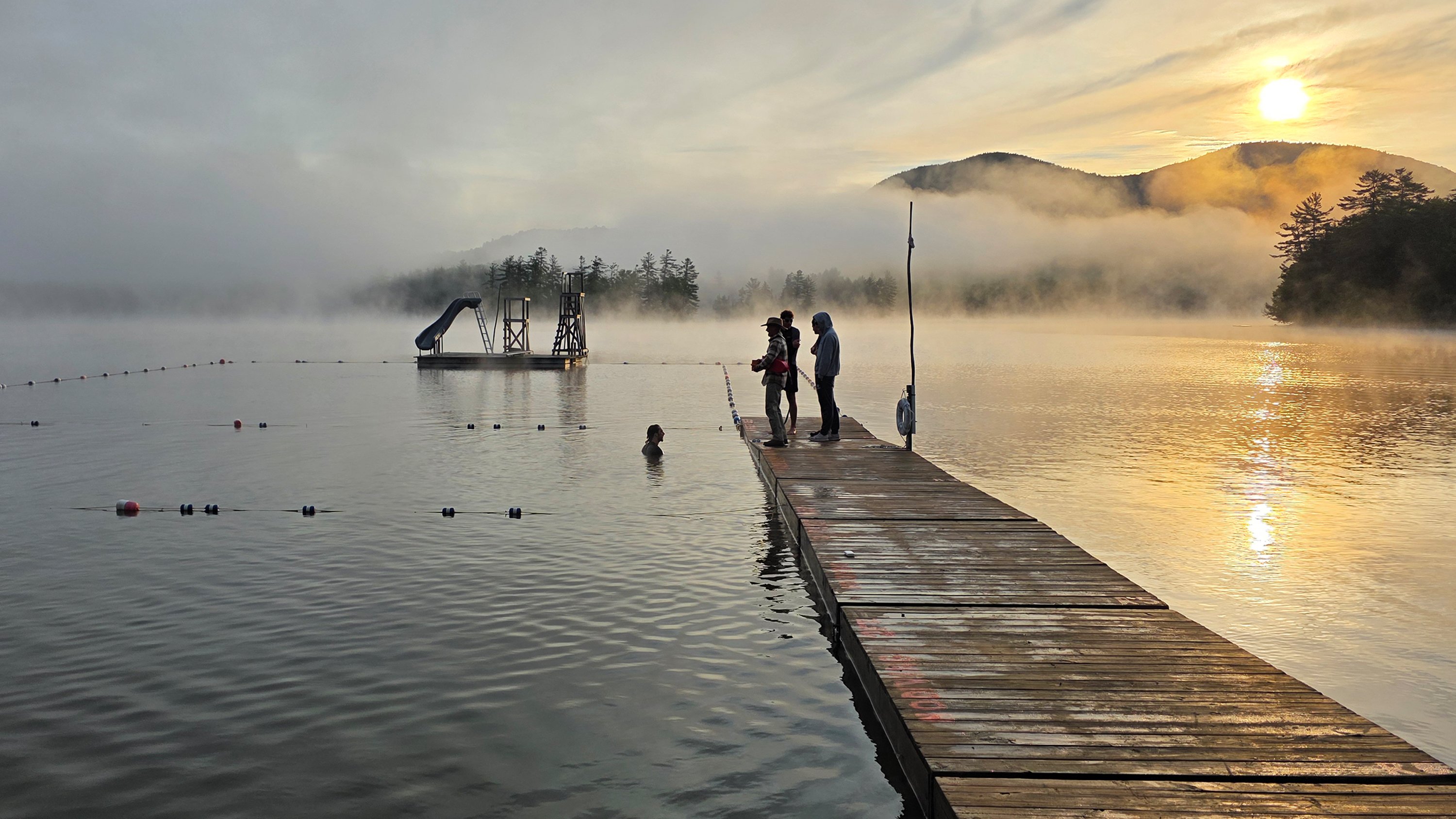 dock on lake whittaker at sunrise