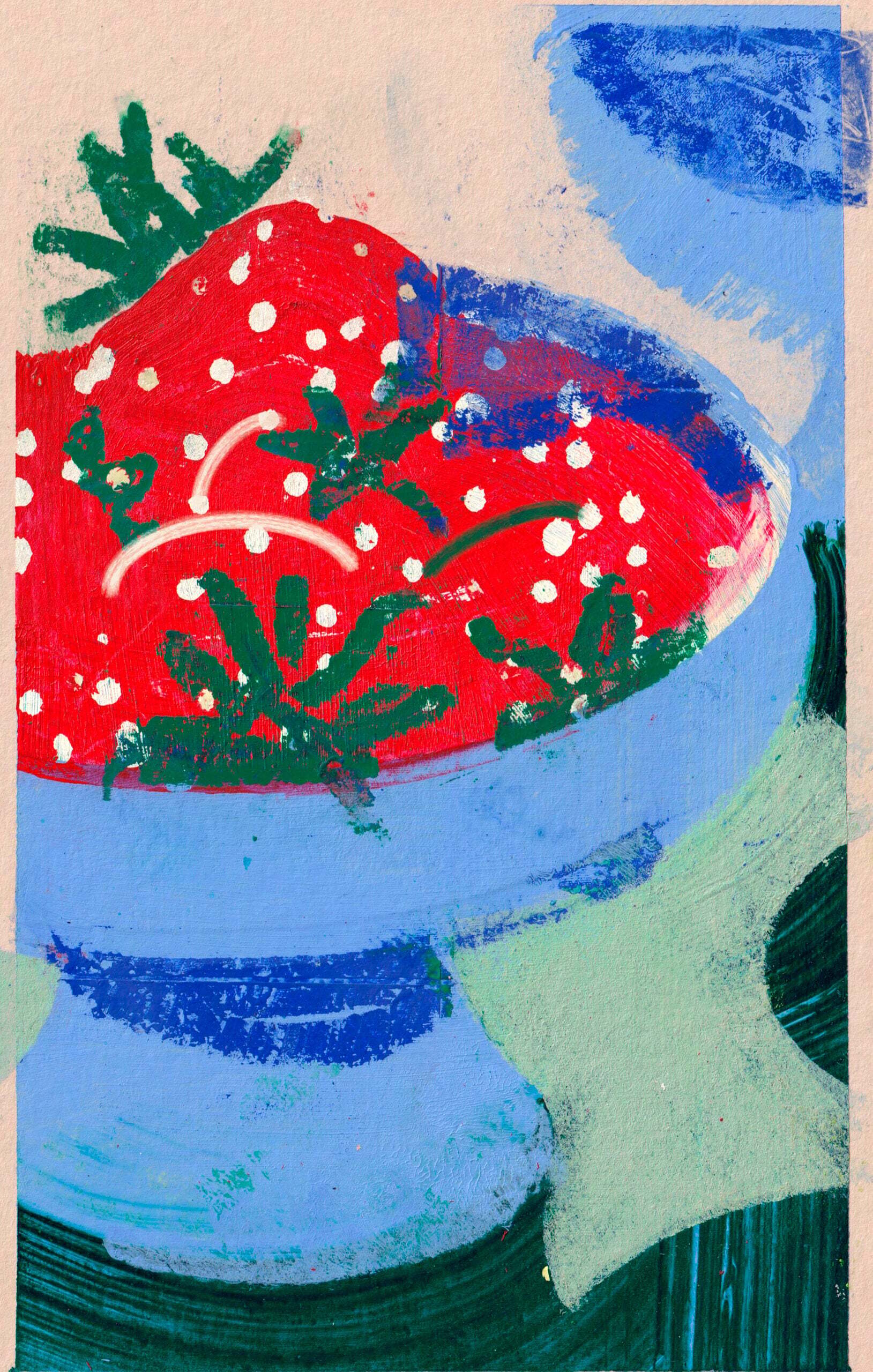 blue bowl of strawberries from harpers