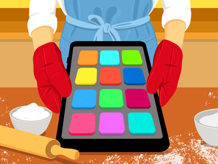 person with oven mitts baking a phone with apps