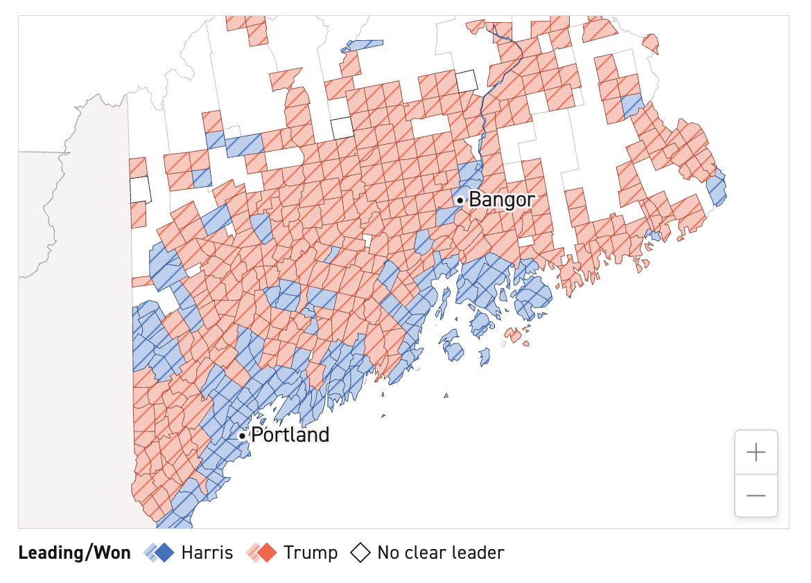 rural maine county map of 2024 election result harris vs trump